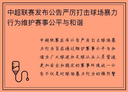 中超联赛发布公告严厉打击球场暴力行为维护赛事公平与和谐